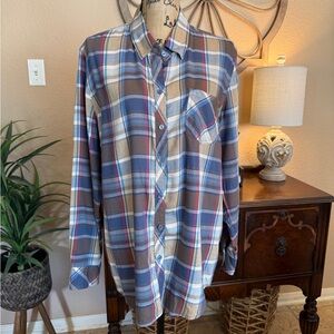 Bit & Bridle Women’s Casual Plaid Shirt - Blue, Brown, Cream